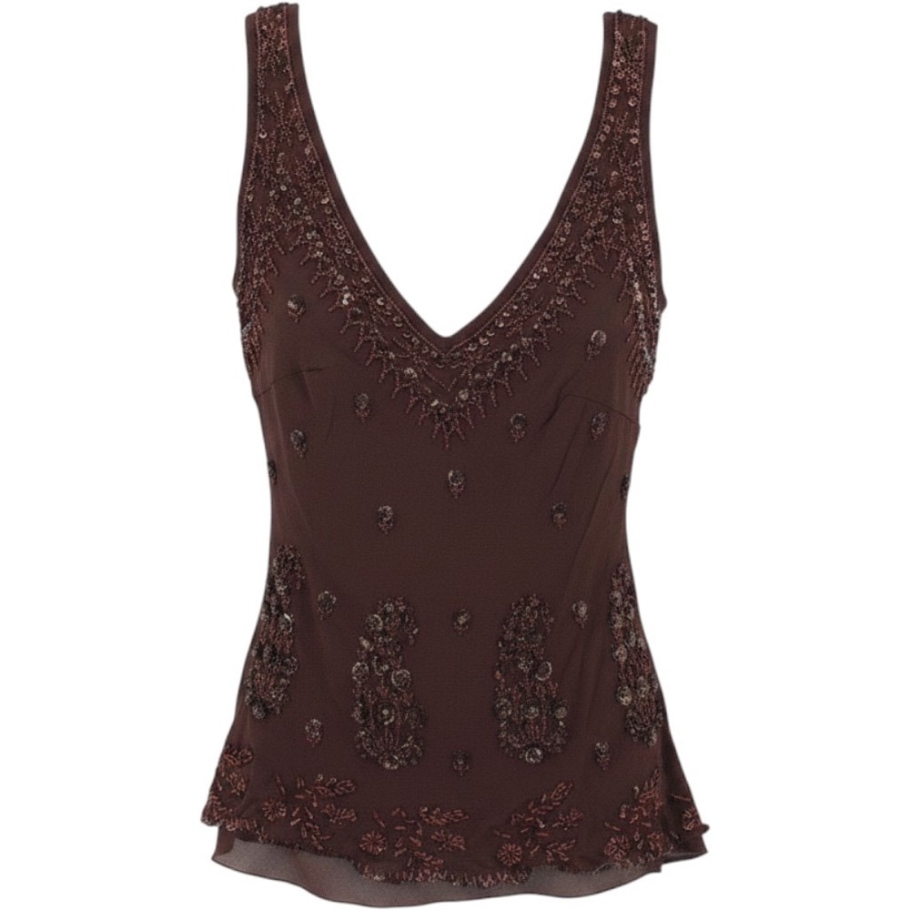 VTG Monsoon Tank Top Womens 4 Brown Silk Beaded Sequin Paisley Y2K Whimsy Fairy